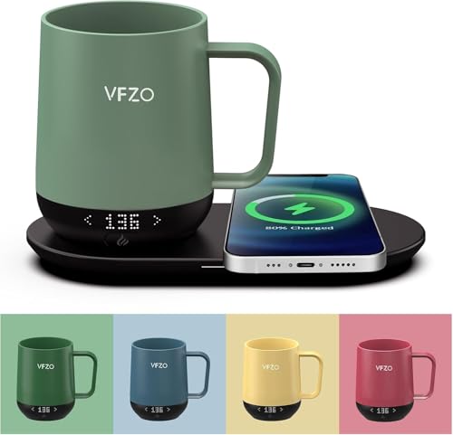 VFZO Taza inteligente con control de temperatura, autocalentable, pantalla LED, duración de la batería de 180 minutos, caliente hasta 65.0 °C, base de cargador inalámbrico rápido, diseño mejorado (12
