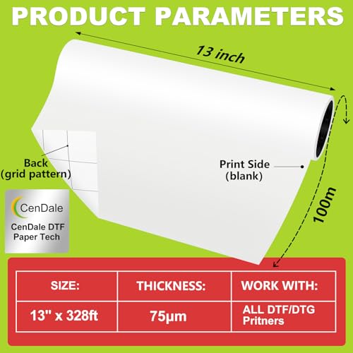 CenDale Upgraded DTF Paper Roll 13” x 328ft - Paper Based A3+ DTF Transfer Paper Roll for DTG Printer, Eco-Friendly, No Jamming, No Smear, Hot/Cold Peel DTF Roll 13 Inch for Dark & Light Tshirt by CenDale - Image 2