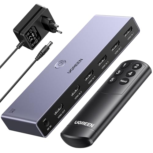 UGREEN Switch HDMI 8K 60Hz 5 Entrées 1 Sortie Commutateur HDMI 3D HDR10 VRR avec Télécommande Compatible avec PS5 PS4 Xbox One 360 TV Stick Box Chromecast...