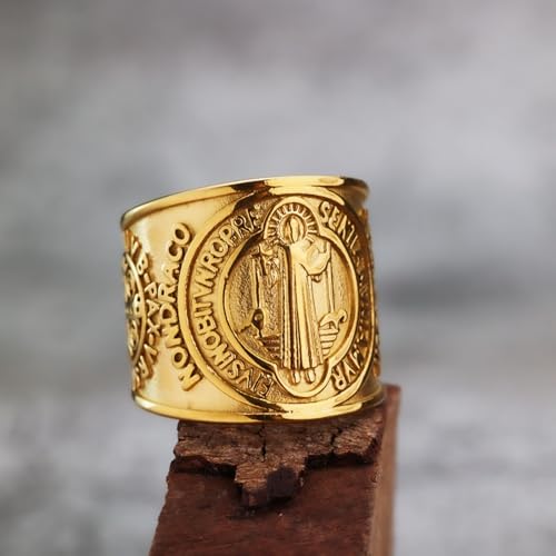 JIiopCFegh bague en diamant, Médaille bénédictine en acier titane à l'effigie de Saint Benoît(Gold,Y) – vue 5