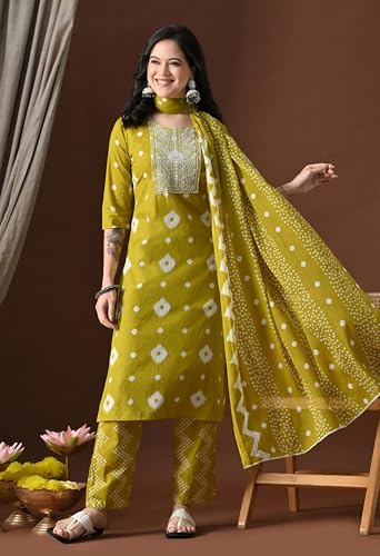 Image of Amazon Brand - Tavasya Women Cotton Anarkali Kurta Pant Dupatta Set | Printed Ethnic Suit Set | Flared Anarkali Kurta with Pant & Dupatta | Festive & Casual Wear