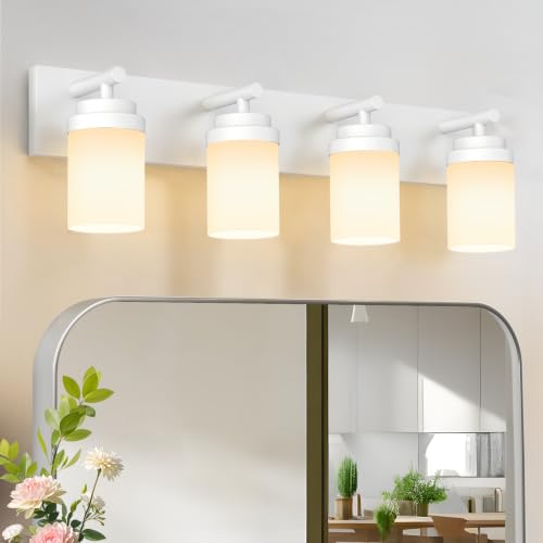 Image of IZORRO Bathroom Light Fixture White, White Glass Shade 30-Inch 4-Light | Bathroom Light Fixtures Over Mirror, Modern Farmhouse Vanity Lights, Rustic Restroom Lighting Fixtures