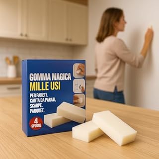 Set 4 Pezzi Spugna Magica Multiuso – Gomma Magica per Pareti, Carta da Parati, Scarpe, Parquet, Piastrelle – Pulizia Senza Detergenti, Efficace su Macchie e Aloni