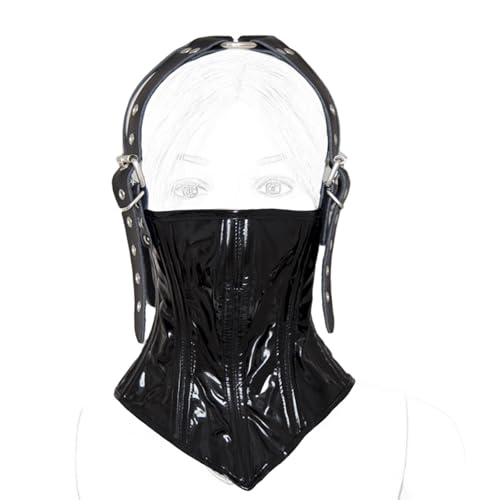 ALMYMM Bondage-Kunstledermaske, PU-Halsmanschette, Fetisch-Kopfkappen-Stirnband, Bondage-Kragenbund, Halsmanschettenhalsband, Halloween-Maske, Rollenspiel-Sexspielzeug