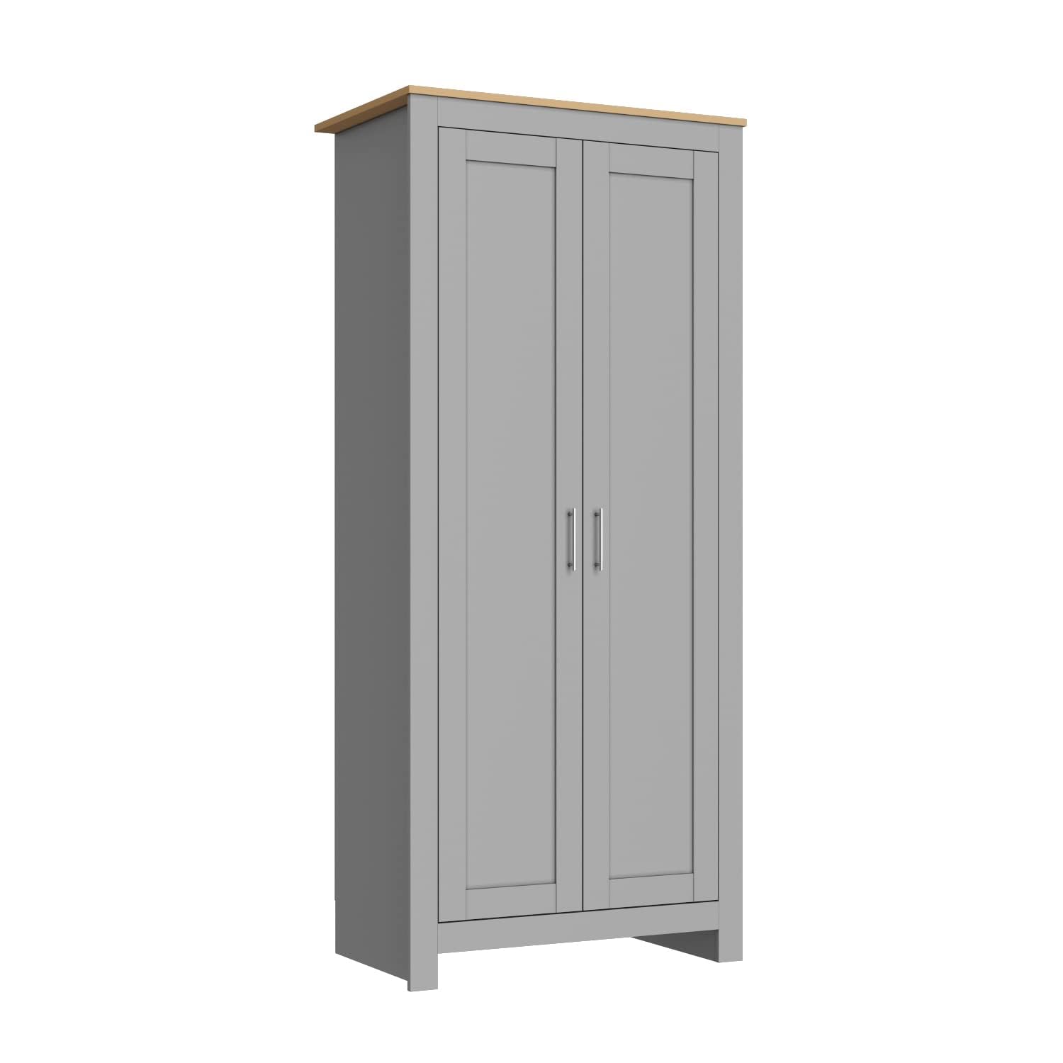 ELEGANT 2 Door Bedroom Wardrobe with Clothes Rail and Large Hanging Space New Luxury Style Cabinet for Bedroom Storage, Grey/Oak