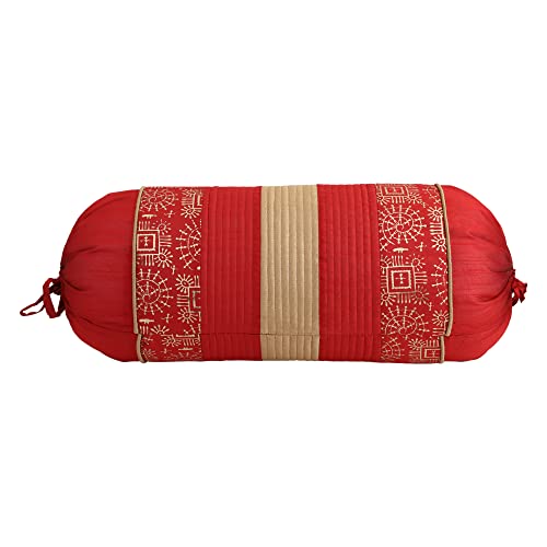 Image of Gifts Island Set of 2 Polyester Silk Traditional Hand-Block Printed & Striped Bolster Covers (Red)