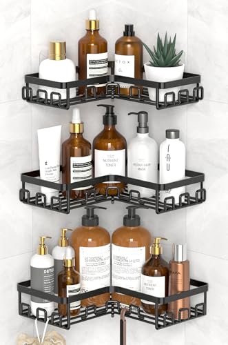 Kegii 3 Piezas Estanteria Baño Esquinero - Estanteria Ducha Sin Taladro Negro Organizador Baño Esquinera Acero Inoxidable