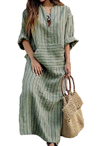 Jumojufol Ropa Mujer Vestido De Rayas De Algodón Largo Sleee Holgados Vestidos Maxi Shift Verde S