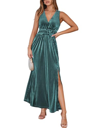 Flessibili Womens Velvet Maxi Dress Elegant Wedding Guest Party Cocktail Dress Fall Retro Sleeveless V-Neck Long Dress with Silt A#hazeblue X-Large