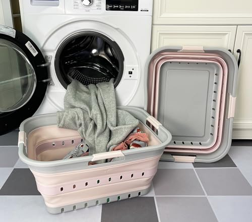 Image of SAMMART 42 (11 Gallons) Collapsible Plastic Laundry Basket, Foldable Pop Up Storage Container /Organizer, Space Saving Hamper, Portable Bin for Dorm Room Bathroom (2, Grey /Pink)