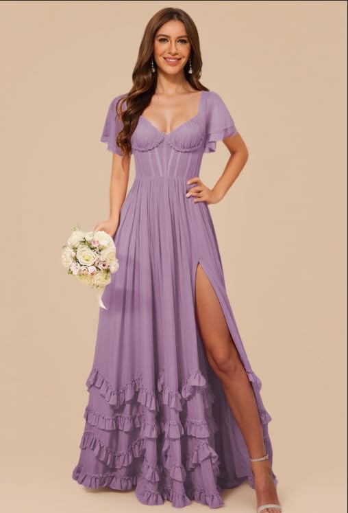 BITALY Short Sleeve Bridesmaid Dresses for Women 2025 Chiffon Long Ruffle V Neck Formal Dress with Slit BI1203