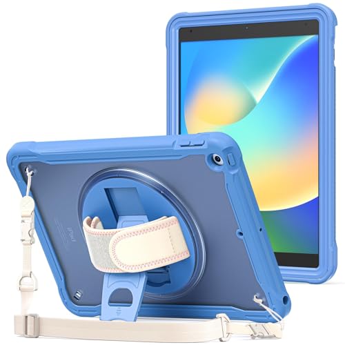 ProCase iPad 9/8/7 ショルダーケース 10.2”肩掛け式 子供用 耐衝撃 半透明カバー ペン収納 360°回転スタンド 手首付き 3層保護 （アイアンブルー）