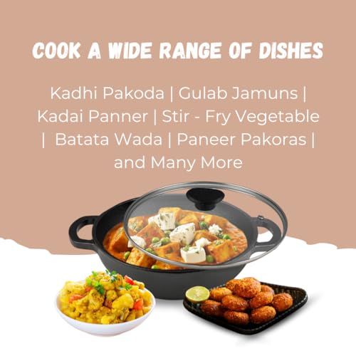 Image of Pencil Pre-Seasoned Cast Iron Kadhai /Kadai with Glass Lid 24 cm | Cast Iron Handles | Compatible with Gas Stoves & Induction | Naturally Nonstick | 100% Pure & Toxin-Free | No Chemical Coating | Black