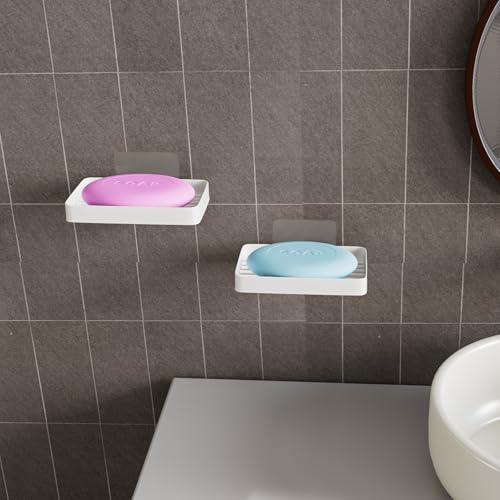 Image of Soap Holder for Bathroom Pack of 2 | Adhesive Stand | Wall mounted stickable sabun dish without drill. Plastic washbasin organizer set for couples
