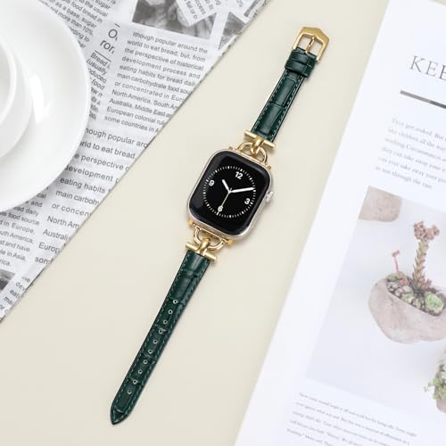 Image of Leather Band Compatible with Apple Watch Bands for Women, Dressy Fancy Strap for iWatch Series 11 /10 /9 /8 /7 /6 /5 /4 /3 /2 /1 /se /Ultra /Ultra 2(49mm 46mm 45mm 44mm 42mm,Dark Green /Gold)