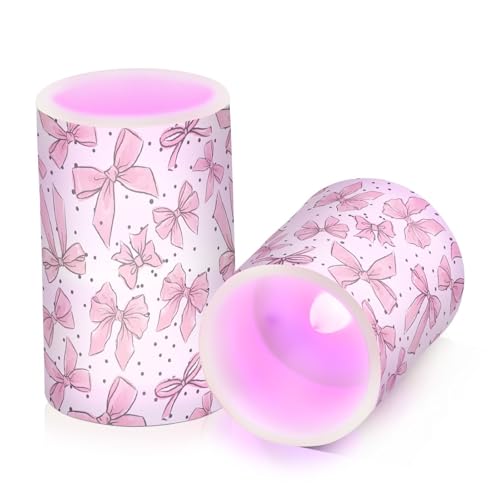 Image of Flickering Flameless Candles, Cute Bows Pink LED Candles with Remote Timer, Set of 2 Battery Operated Candle for Valentine Wedding Birthday