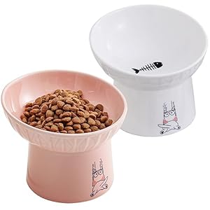 OMAYKEY 65 Inch Extra Wide Ceramic Raised Cat Bowls Porcelain Tilted Elevated Cat Food Water Bowl Dish Stress Free Pet Feeder Dishes for Cats Small Dogs Whisker Fatigue White Pink