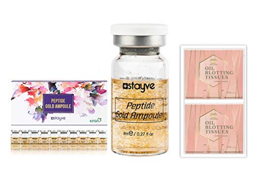 Stayve Peptide Gold Ampoule Serum 8ml x 10 Vials Bundle with 2 Packs of Herblandia Oil Absorbing Blotting Paper