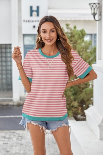 Zeagoo Womens Tops Casual Oversized Short Sleeve Sweatshirt Summer Striped Shirt Crewneck Pullover Loose T Shirts Blouse2