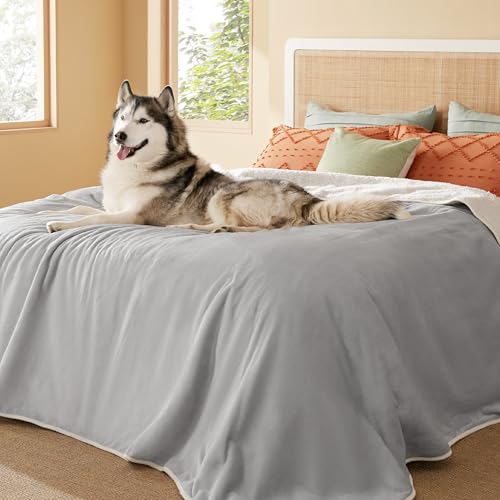 Image of Bedsure Waterproof Blanket for Bed - Sherpa Fleece Waterproof Dog Blankets for Large Dogs, Pet Blankets for Bed /Couch /Dog Crate, Soft Plush Reversible Furniture Protector, King, 108 inchx86 inch, Light Grey