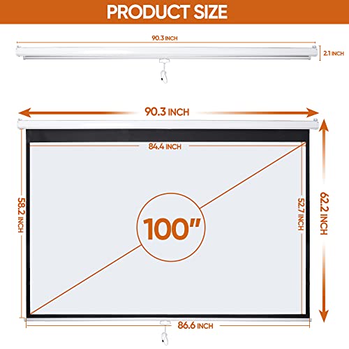 Image of SUPER DEAL 100'' 16:10 HD Projection Screen Foldable Anti-Crease Portable Projector Movie Screen Manual Pull Down for Home Theater Presentation Education Outdoor Indoor Public Display, White