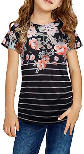 Dokotoo Girls Plus Size Twist Striped Flower Tee Shirt, Colorblock Top for Kids 12-13, Black