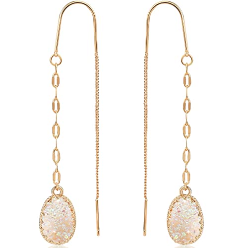 Simulated Druzy Threader Earrings for Women - Gold, Silver, or Rose Gold Tone Long Chain Earrings with Boho Created Geode Stone