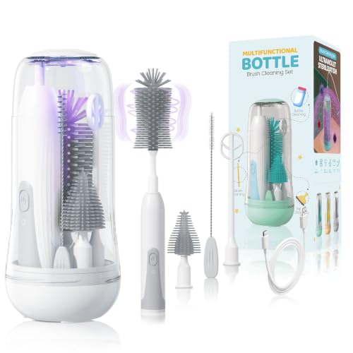 Electric Bottle Brush Cleaner with Storage Box, Portable, 4-in-1 Kit | Bottle/Nipple/Straw Brush & Milk Frother, Drainage Rack, Rechargeable, Long Battery Life for Home & Travel, IPX7 Waterproof