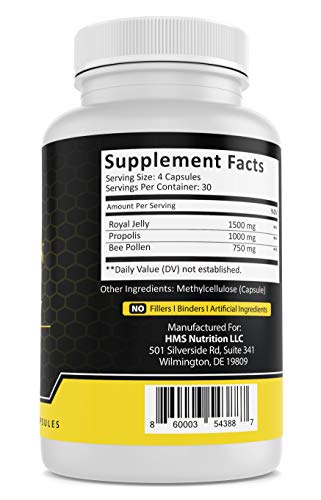 HMS Nutrition Premium Bee Pollen Daily Dietary Supplement - Includes Propolis & Royal Jelly - 3250mg Non-GMO, 120 Vegetarian Capsules - 30 Day Supply - Image 5