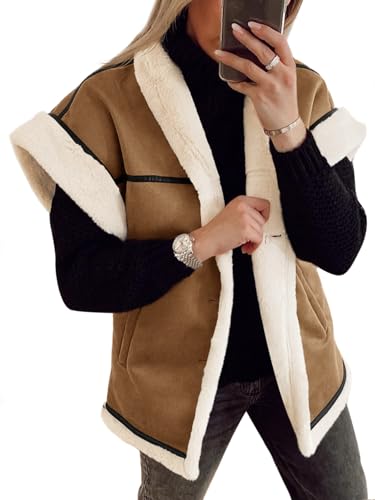 Cicy Bell Womens Suede Sherpa Vest Faux Fur Shearling Jacket Oversized Cap Sleeve Button Down Winter Coats