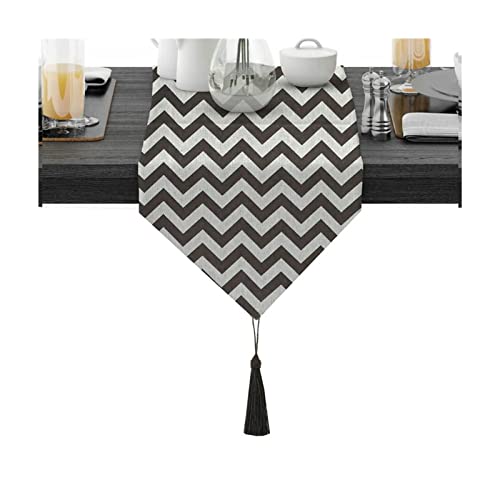 Chemin de table long 360 cm en coton marron avec pompon pour grande table de salon