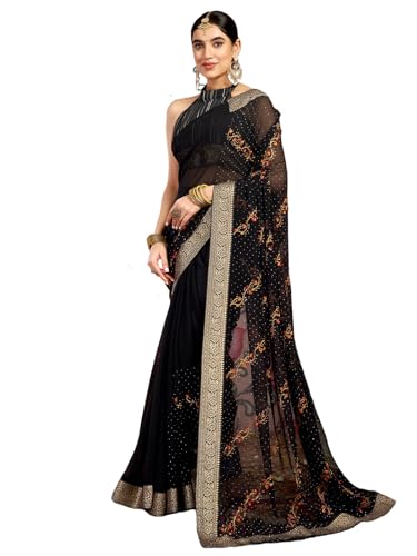 Image of Satrani Women's Georgette Embroidery & Stone Work Saree with Unstitched Blouse Piece