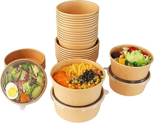 使い捨て弁当箱ペーパーボウル、クラフト紙ボウル包装箱食品グレード環境にやさしい分解性ラウンド蓋付き電子レンジ対応 (500ml 50セット)