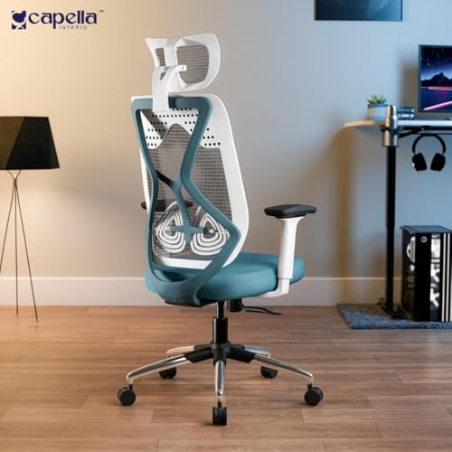 Image of SpineX Pro CP101 Ergonomic High Back Mesh Office Chair with 3 Years Warranty | Lumbar Support, Adjustable 2D Armrests, Synchro Mechanism, Chrome Base | (White Blue)