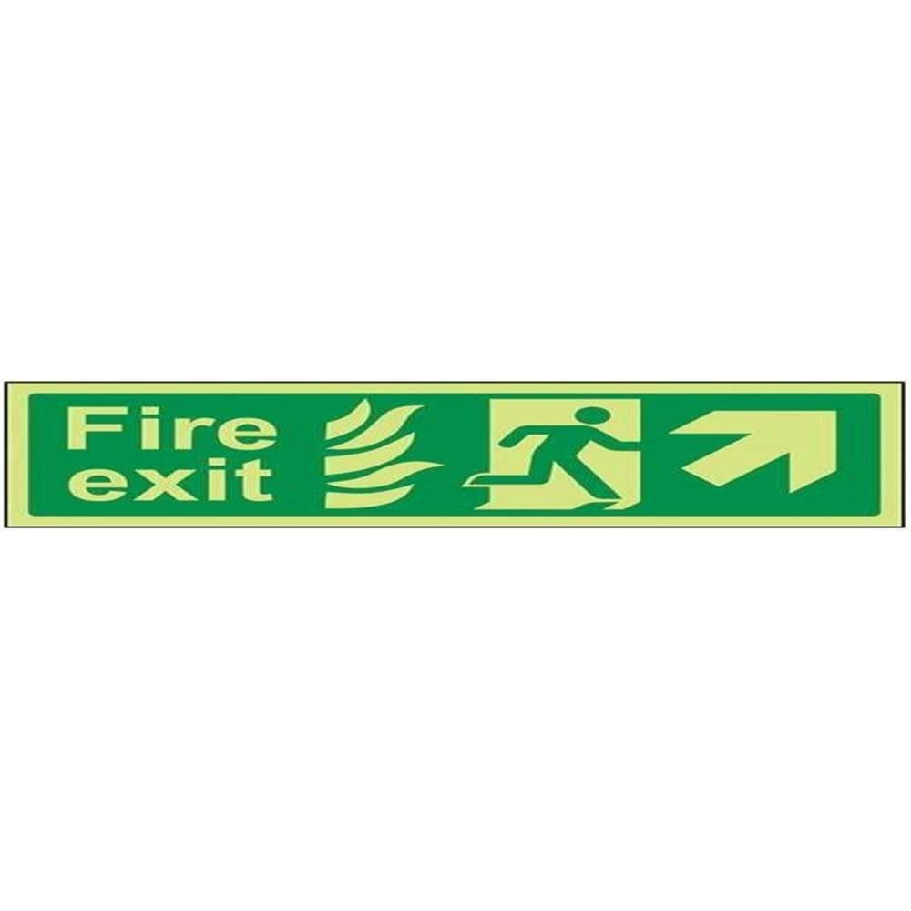 V Safety Glow In The Dark NHS Fire Exit Arrow Up Right Sign - 300mm x 100mm - Rigid Plastic