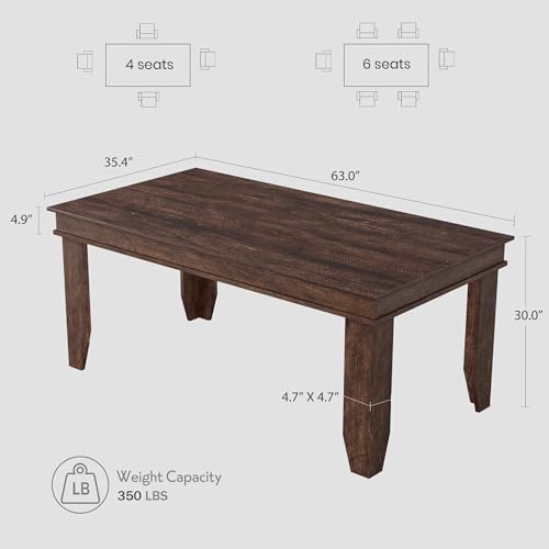 Image of GarveeHome Farmhouse Dining Table for 4-6 People, 63 in Long Kitchen Tables with Wooden Sturdy Frame, 5 ft Large Rectangular Dinner Table for Dining Room, Kitchen, Dark Walnut, 63 inch Non-extendable