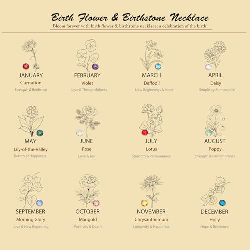Dainty Birth Month Flower Charms Birthstone Necklace for Women Birthday Gifts,14k Gold Plated Personalized Floral Jewelry Gift for Her3