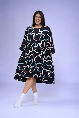 Image of LAMA STORE Women's Printed Oversized T-Shirt Dress, Cotton, 3 /4 Sleeve Length, Casual Loose Fit, Comfort Wear Extra Comfy Oversized Printed Pocket T-Shirt Dress
