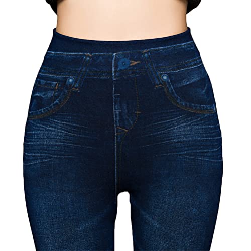 Onsoyours Leggings Imitation Jean Femme Leggings Taille Haute Ceinture Elastiquée Slim Jeggings Extensible Pantalon de Crayon A Bleu Foncé S