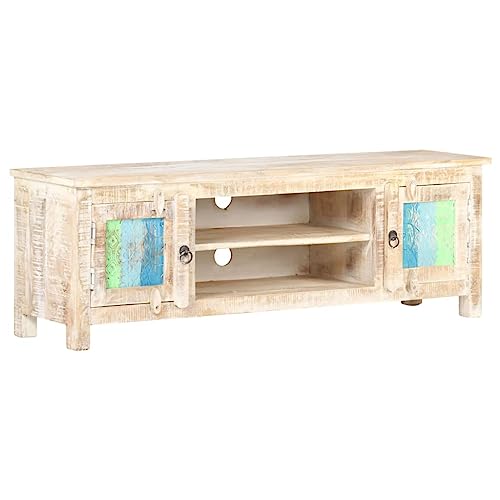 FUDUGEHMIOFWFJJ Meuble TV 120 cm Bois d'Acacia Massif Brut avec Portes Fleurs Sculptées, Armoire Média Basse pour Salon et Chambre, Meuble de Rangement...