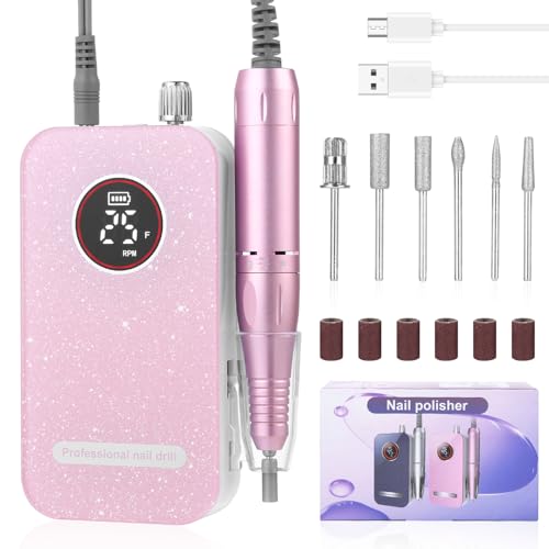 NEFLSI Torno para Uñas Profesional, 45000 RPM Kit de Pórtatil Lima de Uñas Eléctrica, con 6 cabezales pulido y Pantalla LCD, para Acrílicos, Gels y Uña Naturales, Pedicura, Salón, Hogar, Rosa