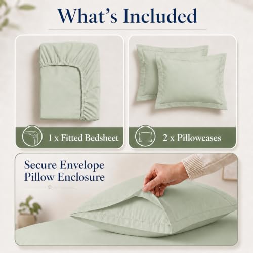 Image of LANE LINEN 100% Organic Cotton Fitted Bedsheet for Double Bed - Mineral | GOTS Certified, Percale Weave, 78x60 inches, Fits Upto 12 inch Mattress, Soft, Breathable, Washable, 2 Pillow Covers