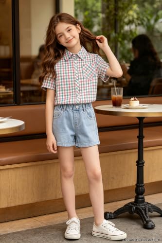 Image of SANGTREE Girls Women Plaid Shirt Short Sleeve Button Down Summer Blouses