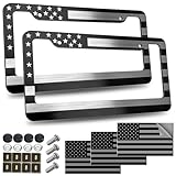American Flag License Plate Frame - Black Patriotic USA Car Tag Frame Holder 2 Pack in Alum-Plastic Hybrid with Brushed Finish & Screws Caps Decals