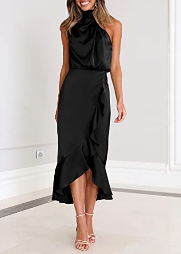 Image of KIRUNDO Women's Summer Satin Mock Neck Wedding Guest Dress | Party Cocktail Midi Dress, 2026 Spring Fashion, Silky, Elegant Classy Halter High Neck, Sleeveless Wrap Ruffle Formal Dress
