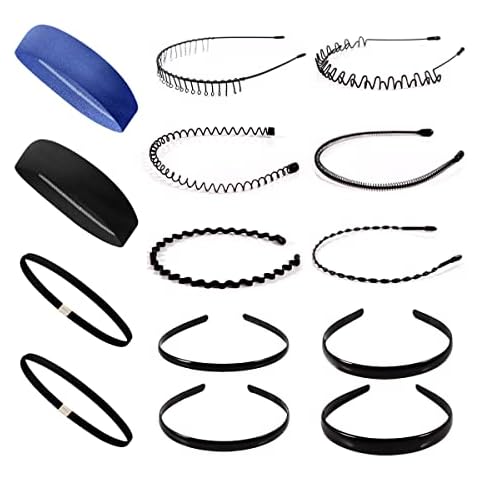 Zig Zag Hair Bands for Men Elastics Sports Headband 14PCS Black Hair Hoop Metal Headband Plastic Hair Bands for Women Short Hair Multi-Style Unisex Flexible Headbands Cover