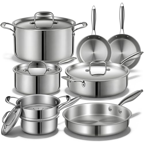 Triple Ply Stainless Steel Pots and Pans Set, EWFEN 12 Piece Induction Cookware Set, Oven Dishwasher Safe | Frying Pans, Saucepans, Saute Pan & Stock Pot, PFOA Free Kitchen Skillet