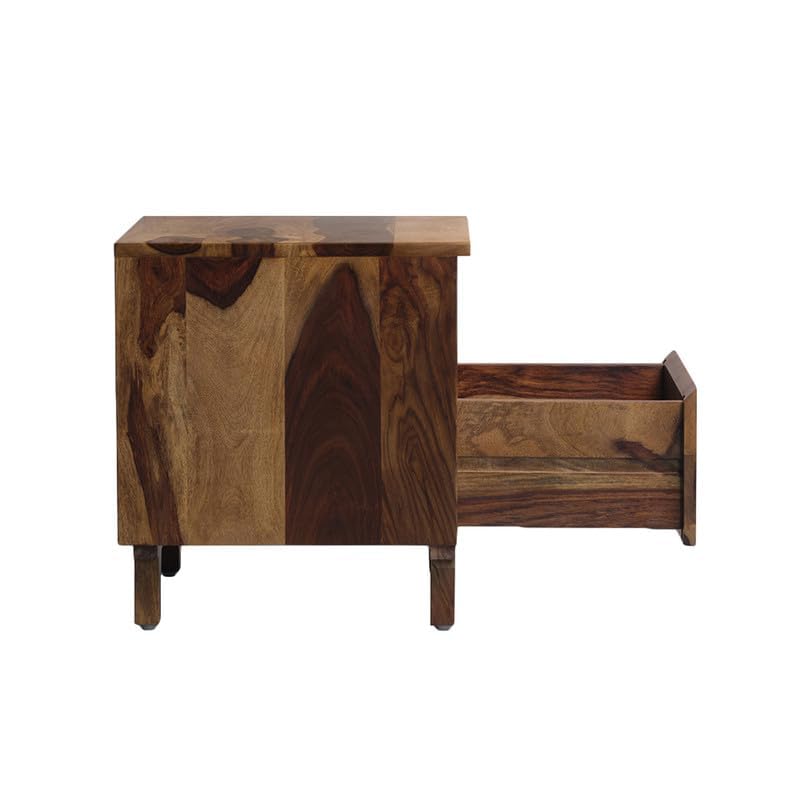 Image of Solid Sheesham Wood Bedside Table for Bedroom | Modern Wooden Nightstand with Storage Shelf & Drawer (Honey Finish)