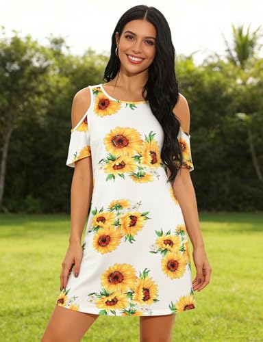 Image of Misyula Style Womens Summer Cold Shoulder Floral Flowy T-Shirt Dress with Pockets