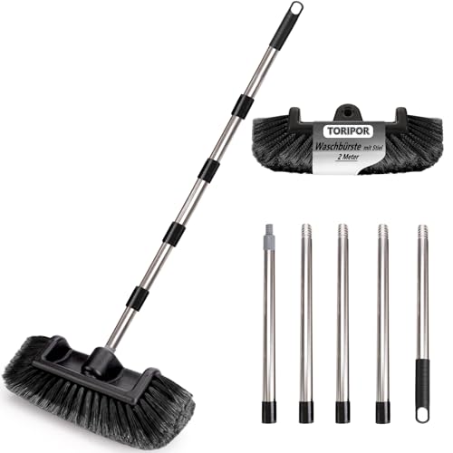 Brosse de lavage de voiture avec manche télescopique, 2 m, tête de brosse douce, brosse de nettoyage pour voiture, caravane, camion, bus, van, camping-car,...